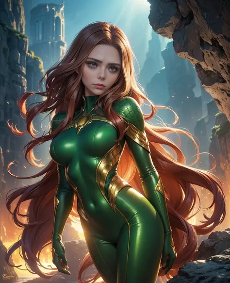 (((, strong, attractive, sexy, powerful, tan skin ELIZABETH OLSEN,)))( red hair wavy, bangs, long hair, (green eyes, statuesque oblong-shaped face, vivacious eyes, tone, long,) character shot (masterpiece), (ultra-detailed), (perfect detaill, fine and beau...