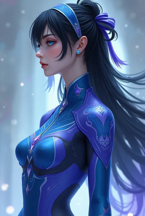 A girl with black hair Heroine, with light blue eyes, white, her costume is blue and violet, without a cape, a headband is described by her power of telepathy and passing through walls the character must be. Created full body 