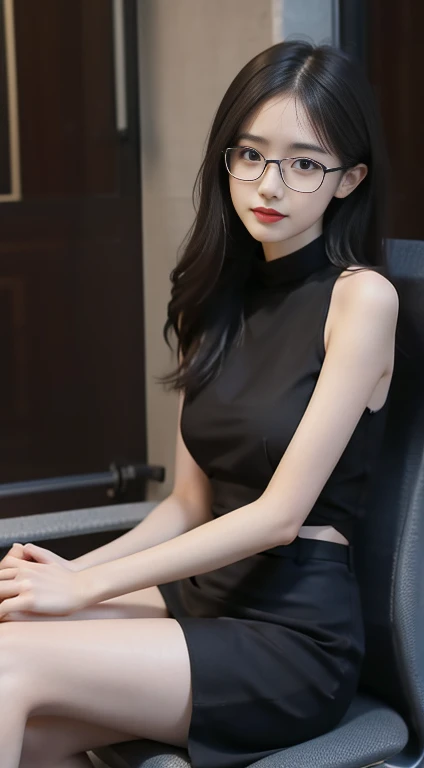 best quality, Full body portrait, Delicate face, Pretty Face, 25-year-old female, Slim body, Small bust, OL, Office Clothing, black, Exterior, Sitting, wear glasses