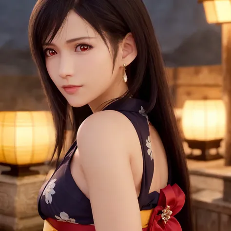 tifa lockhart,red_eyes,black hair,long hair,earrings, jewelry,((female)),Solo,(20yo:1.3),(japanese,cool beauty:1.2),(photo realistic,perfect anatomy:1.3),(hyper detailed, masterpiece:1.2), best quality,RAW photo, exquisite, beautiful ,From Behind,((Cowboy ...