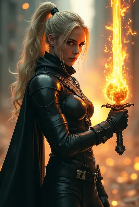 blonde yellow eyed ponytailed human, wearing Black leather armor, holding a energy Black hole in his left hand and gripping a energy flaming sword on HIS right hand.