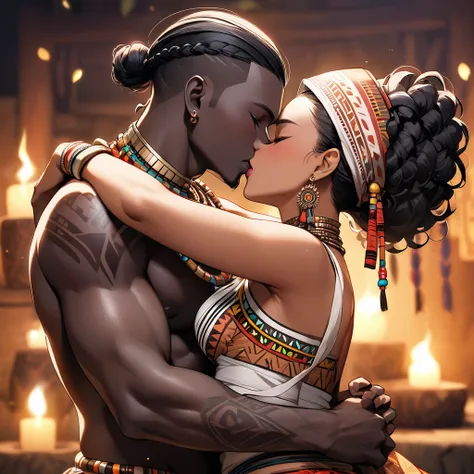 ((Highest quality)), ((masterpiece)), (detailed), （Perfect Face）、The woman is wearing the tribes bridal attire, embracing the tribal man tightly, sharing a deep kiss, expressing their love for each other, and celebrating their wedding.、The woman has bright...