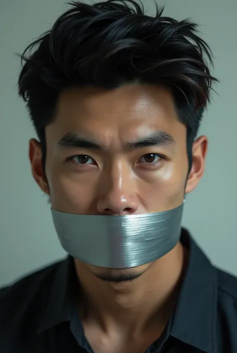 handsome japanese man with his mouth covered with duct tape