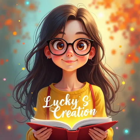 Create a girl with a spectacles in her beautiful eyes long hair cute smile "Lucky S Creation" name written in her art pallette 