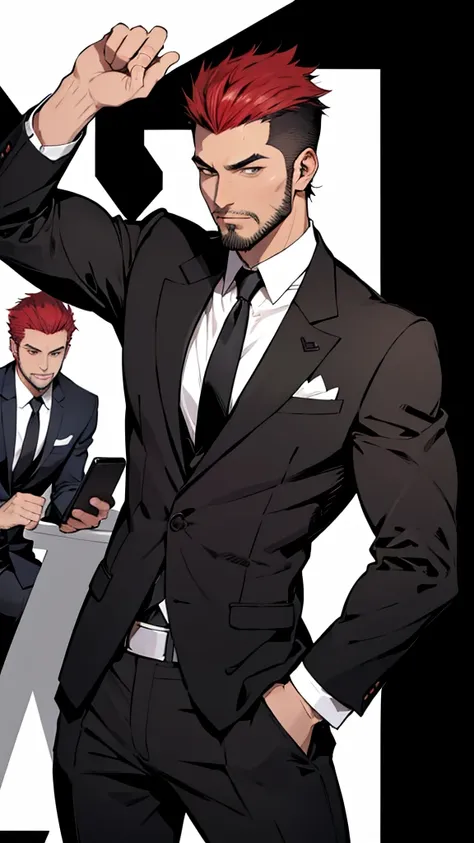 a short haircut with spiky hair、Black suit、Black tie、A young man with red hair, short and slender.、(((Stubble))),American Comics、