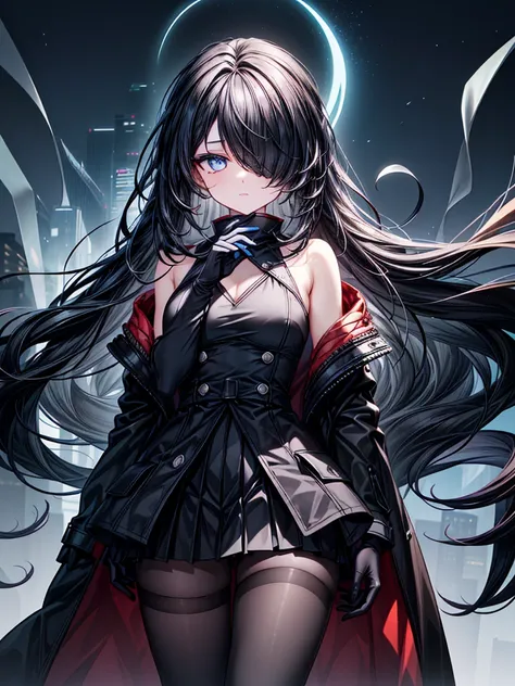 ((Oriental Project)),((masterpiece)),((Fantastic night view)),((A look of determination)),((Highest quality)),((In combat)),((alone)),((Deep blue pupils,Long blue eyelashes)),((Beautiful Blue Eyes)),((Wearing a black coat)),((Wearing a black mini skirt,She...