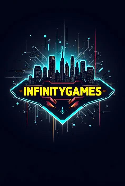 Create a logo for a Roblox company with a yellow phrase infinitygames written on the image with a cyberpunk theme.