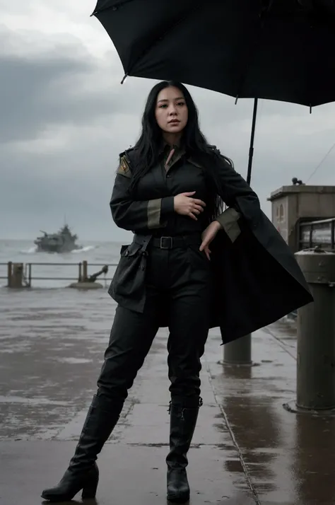 A 30-year-old woman with long black hair wearing military uniform.,Boots， trousers，high-heel boots，full-body shot，side，War Background，seaside，Iron bridge, Helicopters，Dark clouds sky，Science Fiction, dark的心情, full-body shot片，War atmosphere，Excellent detail...