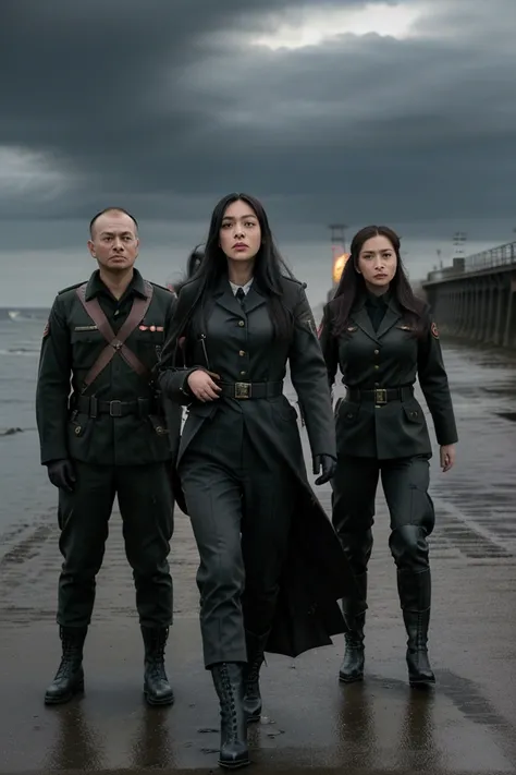 A 30-year-old woman with long black hair wearing military uniform.,Boots， trousers，high-heel boots，full-body shot，side，War Background，seaside，Iron bridge, Helicopters，Dark clouds sky，Science Fiction, dark的心情, full-body shot片，War atmosphere，Excellent detail...