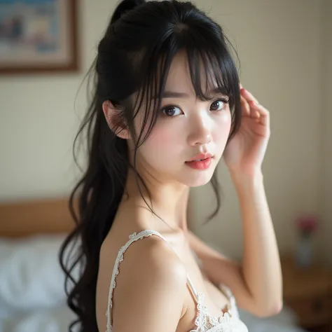 raw photo of a cute 18-year-old japanese girl with black long hair and bang between eyes, Cute idol high school girl,cute 18 year old gravure idol, j-pop idol style, Very beautiful sexy light red ponytail hair, breasts exposed, pink, cat green big eyes, Hi...