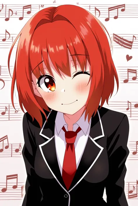 girl, 20-year-old, Redhead, Chiban, Red colored 目, Black Suit, musical notes on the background, short hair, Close ~ eyes, Wicked Smile
