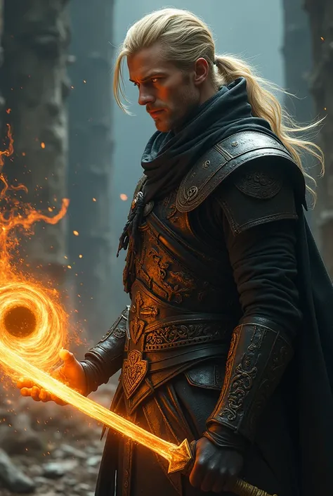 blonde yellow eyed ponytailed human male wearing Black leather armor, holding a energy Black hole in his left hand and with a flaming sword on HIS gripes.