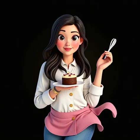 Cartoon character of a stylish woman in a pink apron, happy, black wavy hair, lined eyes,in his left hand he is holding a whisk and in his right hand he is holding a cake, an animated character, stylized character, animation style rendering, 3d stylized, A...