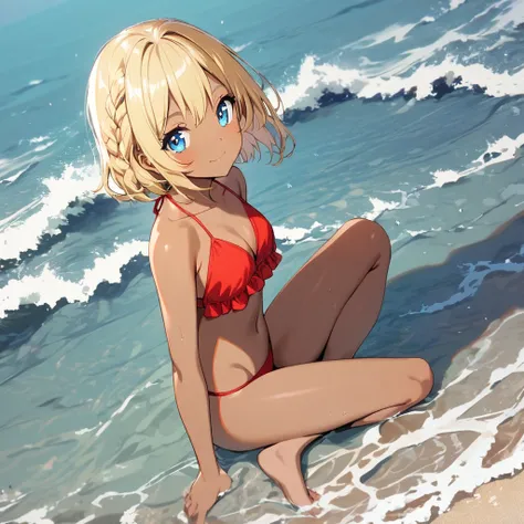 1girl(blond short hair, braid, red bikini, blue eyes, tall, tan skin, barefoot, light smile), sea,