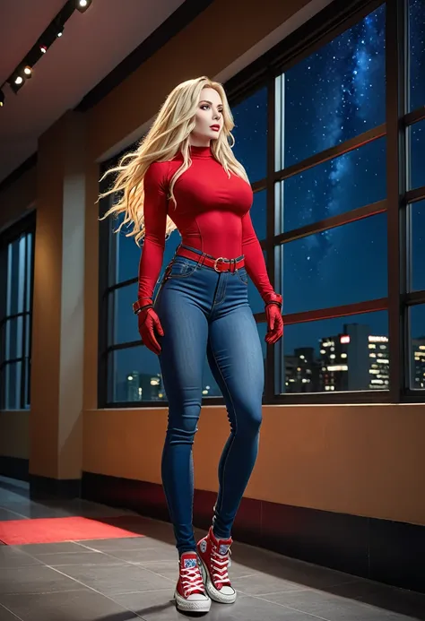 BOMBSHELL BLONDE WOMAN, WARRIOR FEMALE ON BLUE JEANS JUMPSUIT, VERY PALE SKIN, BLUE EYES, HIGH CHEEKBONES, ROSY CHEEKS, MENTAL FORAMEN, HUGE LONG BLONDE HAIR, DREAD HAIRSTYLE, LONG JEANS DREADS ON LONG BLONDE HAIR, THONG LEOTARD, RED LONG SLEEVES SHIRT, JE...