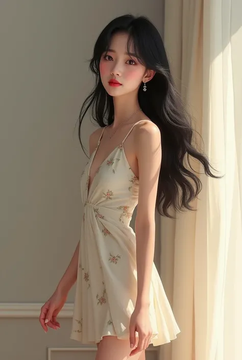 Real Korean girl wearing a short dress and her hair is black and long