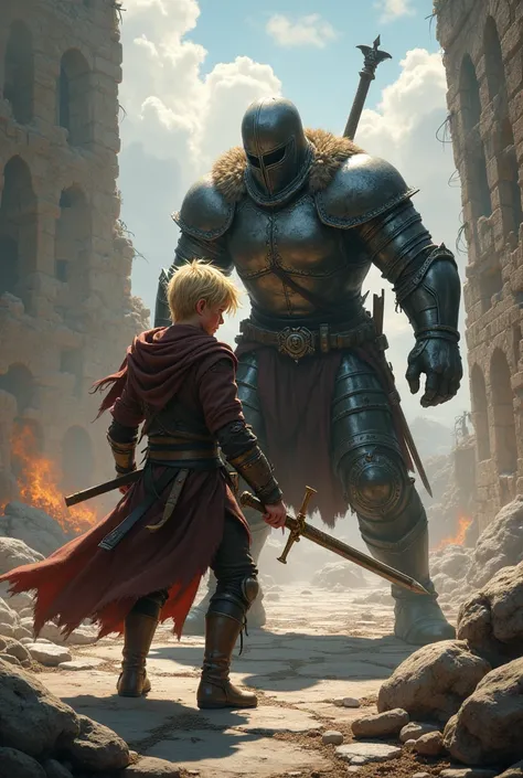 a blonde hair young man wearing a simple mediaeval boiled leather and scrappy armour with a sword. He is bruised and bloody fighting a 30 year old 7 foot big and muscular man whose wearing chainmail and with swords. Ruined stone castle in the background. W...