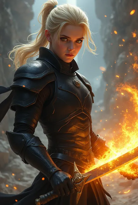 blonde yellow eyed ponytailed young male wearing Black leather armor, holding a energy Black hole in his left hand and with a flaming sword on HIS gripes.