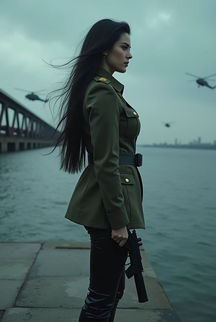 A 30-year-old woman with long black hair wearing military uniform.,Boots， trousers，high-heel boots，full-body shot，side，War Background，seaside，Iron bridge, Helicopters，Dark clouds sky，Science Fiction, dark的心情, full-body shot片，War atmosphere，Excellent detail...