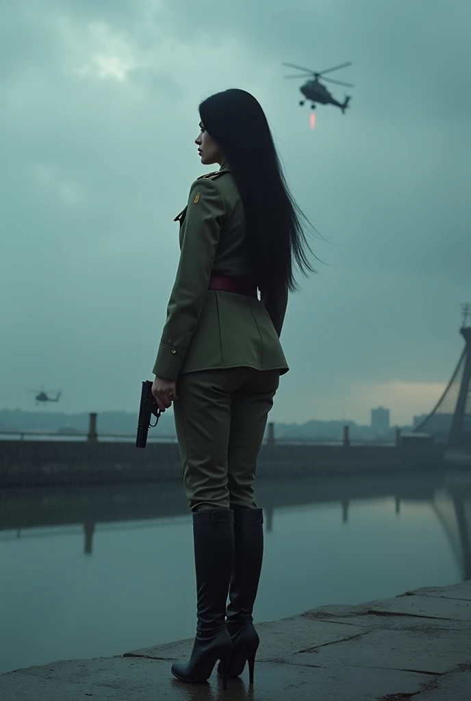 A 30-year-old woman with long black hair wearing military uniform.,Boots， trousers，high-heel boots，full-body shot，side，War Background，seaside，Iron bridge, Helicopters，Dark clouds sky，Science Fiction, dark的心情, full-body shot片，War atmosphere，Excellent detail...