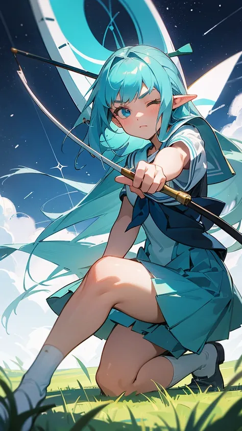 A girl in her late teens
With long, aqua blue hair
Wearing a white sailor uniform
With deep blue eyes
Holding a bow like an elf would
Kneeling on her right knee
Her left eye closed
A starry grassland
A serious expression, aiming at a target