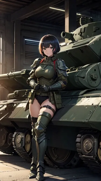 ((Armored tank, tank)), beautiful woman in military uniform next to tank,(Woman in military uniform)