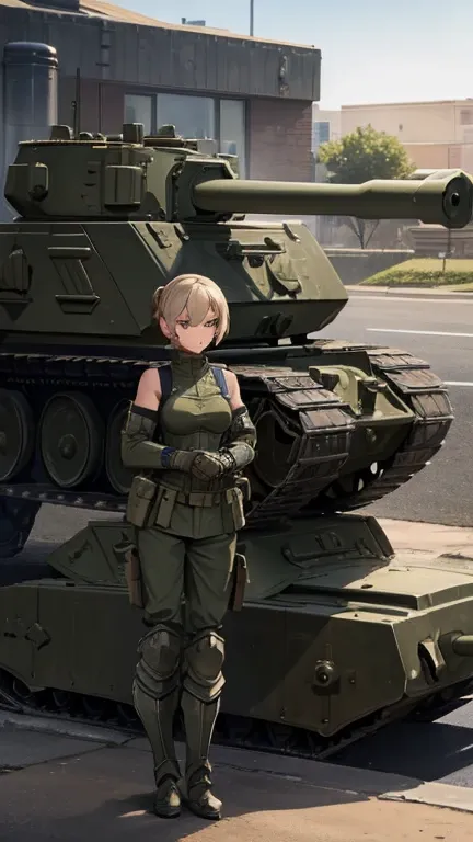 ((Armored tank, tank)), beautiful woman in military uniform next to tank,(Woman in military uniform)