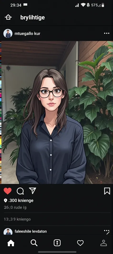 a white Brazilian woman , Your hair is brown with some blonde highlights , is in his 20s , She wears a blouse and glasses and looks like a shy nerdy girl.