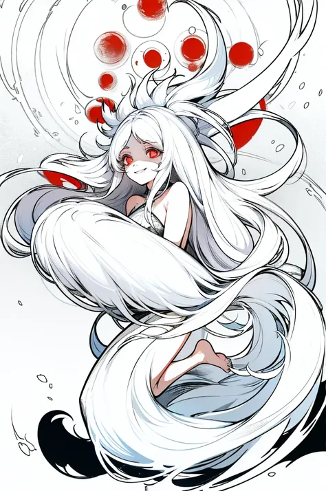 A young girl with long white hair, red eyes, and a terrifying, wide grin.  Her shoulders are slumped, shes wearing a vintage long-haired white coat, white pants, and is barefoot. Focus on her face, she is pretty.