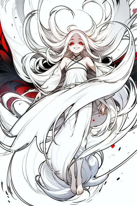 A young girl with long white hair, red eyes, and a terrifying, wide grin.  Her shoulders are slumped, shes wearing a vintage long-haired white coat, white pants, and is barefoot. Focus on her face, she is pretty.