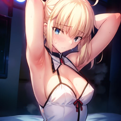 High resolution, 最high resolution,high resolution,{Things to know_f de stay night ufotable:1.15}, Rubio_ Best Quality, masterpiece, フルnude,Sweatだく,Blushing,smile,Armpitアップ,Sweat,Armpitを広げて見せている,bed,Moist,Blonde,whole body,pubic hairあり,Love juice,Armpit,sid...