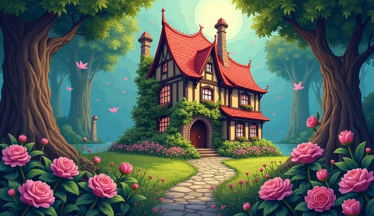 fantastic house, cuento de fairies bosque fantastico, fairies, flowers of a thousand colors. saturated color, cartoon style

