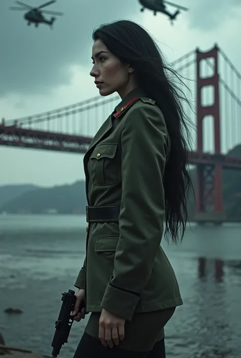 A 30-year-old woman with long black hair wearing military uniform.,Boots， trousers，high-heel boots，full-body shot，side，War Background，seaside，Iron bridge, Helicopters，Dark clouds sky，Science Fiction, dark的心情, full-body shot片，War atmosphere，Excellent detail...