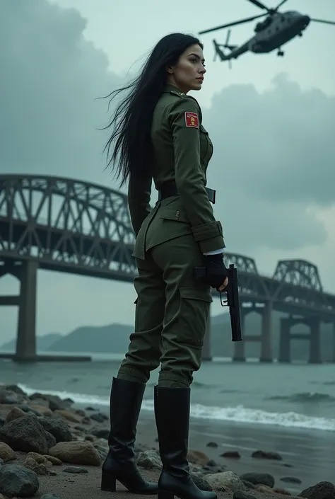 A 30-year-old woman with long black hair wearing military uniform.,Boots， trousers，high-heel boots，full-body shot，side，War Background，seaside，Iron bridge, Helicopters，Dark clouds sky，Science Fiction, dark的心情, full-body shot片，War atmosphere，Excellent detail...