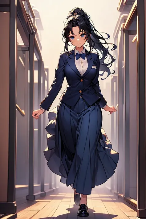 (((beautiful))), (((navy blue blazer, long skirt, one woman, walking, full body))), ((black hair, long hair, ponytail, hair orna...