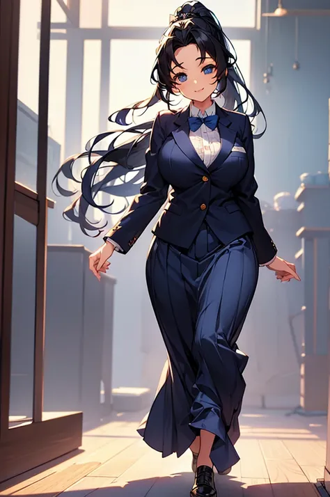 (((beautiful))), (((navy blue blazer, long skirt, one woman, walking, full body))), ((black hair, long hair, ponytail, hair orna...