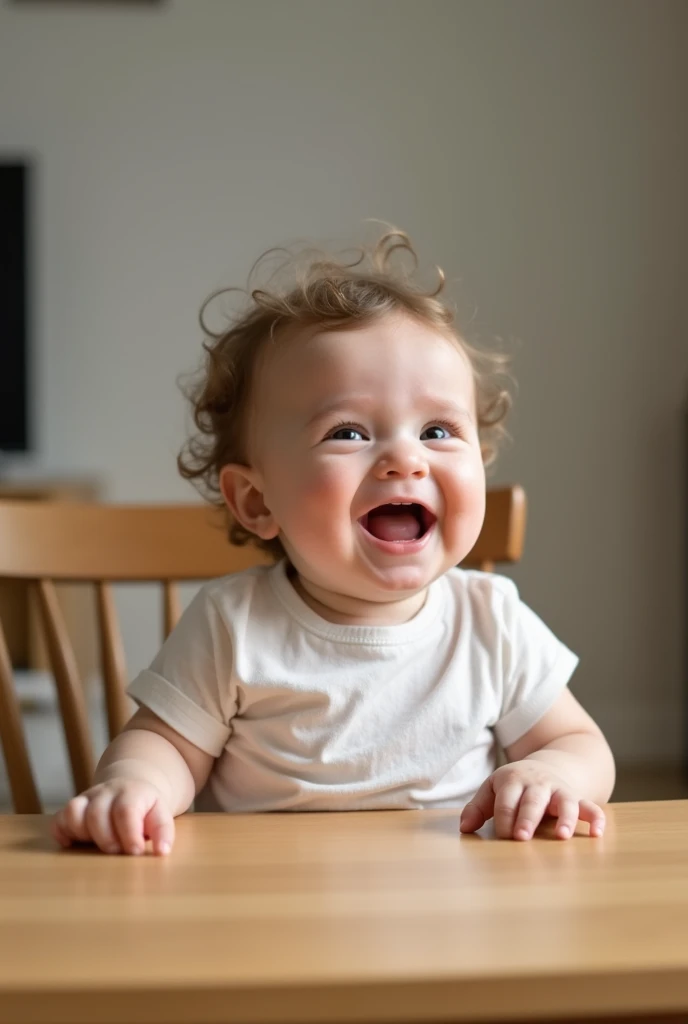 cute baby seating on a table and laughing