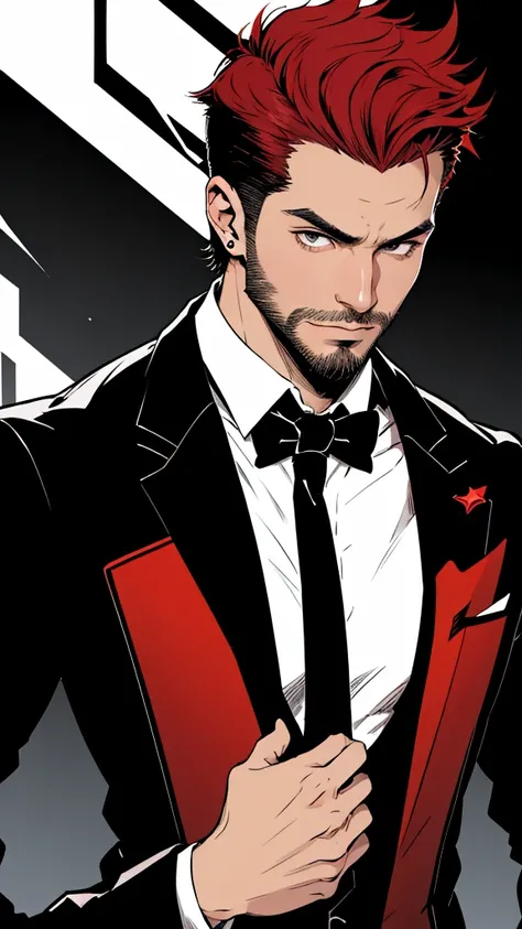 solo、a short haircut with spiky hair、Black suit、Black tie、A young man with red hair, (((Stubble))),American Comics、