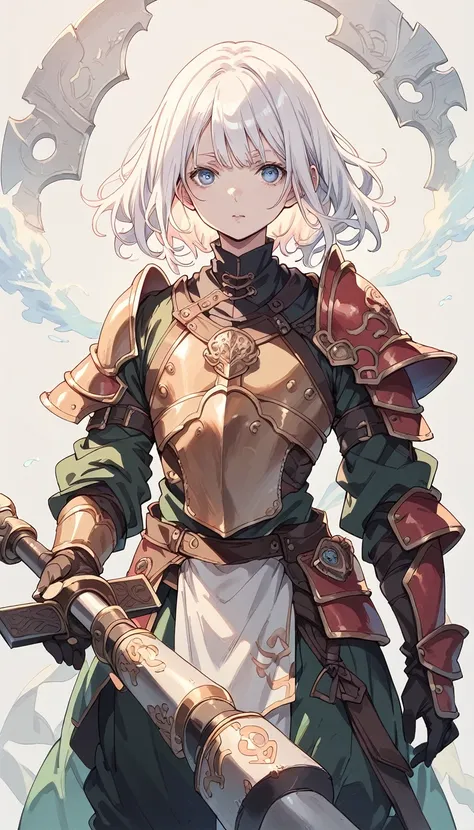 body shot, A young adventurer, femboy, medium hair, heavy armor, Two-handed heavy hammer , highly detailed, intricate,fantasy,(simple background),warrior,albino,full armor