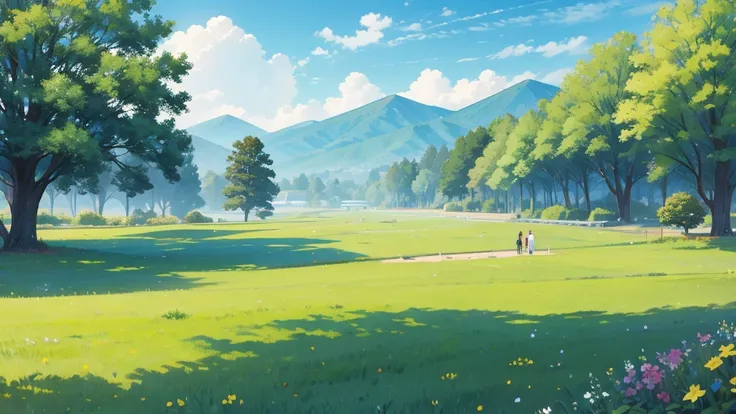 Sunny day weather on beautiful blue sky and green grass. Japanese illustration style.