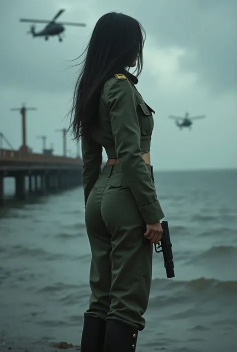 A 30-year-old woman with long black hair wearing military uniform.,Boots， trousers，high-heel boots，full-body shot，side，War Background，seaside，Iron bridge, Helicopters，Dark clouds sky，Science Fiction, dark的心情, full-body shot片，War atmosphere，Excellent detail...