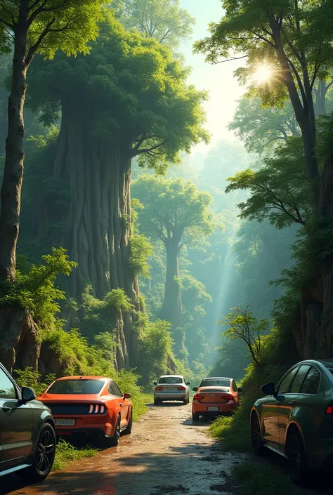 A forest surrounded by cars 

