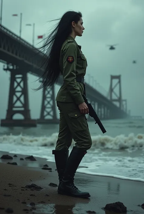 A 30-year-old woman with long black hair wearing military uniform.,Boots， trousers，high-heel boots，full-body shot，side，War Background，seaside，Iron bridge, Helicopters，Dark clouds sky，Science Fiction, dark的心情, full-body shot片，War atmosphere，Excellent detail...