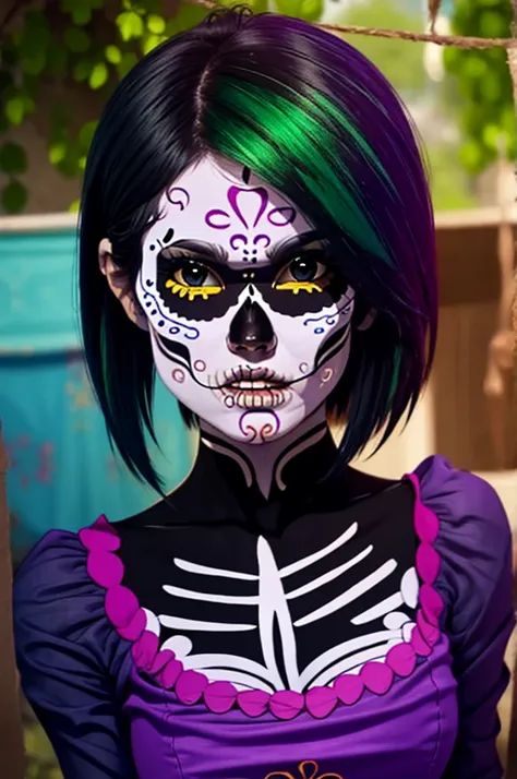 Girl with green hair, Day of the Dead paint on her face, High quality, short hair, long spectral dress, green eyes and Asian features, malignant face and eyes gleaming with malice