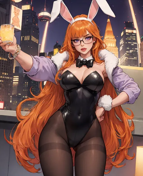 (best quality, masterpiece), depth of field, blurry background, cowboy_shot, thick thighs, standing, solo, 1girl, long orange hair, (ahoge:0.9), glasses, blunt bangs, purple eyes, (full-face blush), ((playboy bunny, pantyhose, bunny ears, highleg, highleg ...