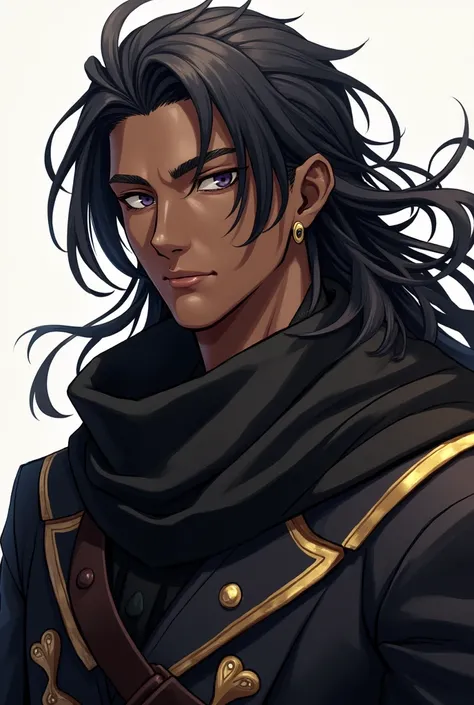 EMIYA archer with dark skin hair down wearing a black colour scarf with golden linning 
