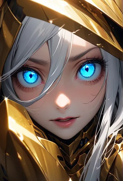 woman, blue eyes,  long hair, white hair, mature, god eyes, diamond earrings, glowing eyes, blue eyes, golden armor,  macro picture, high detail, creepy eyes