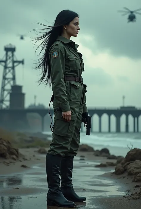 （Wide-angle lens）A 30-year-old woman with long black hair wearing military uniform.,Boots， trousers，high-heel boots，full-body shot，side，War Background，seaside，Iron bridge, Helicopters，Dark clouds sky，Science Fiction, dark的心情, full-body shot片，War atmosphere...