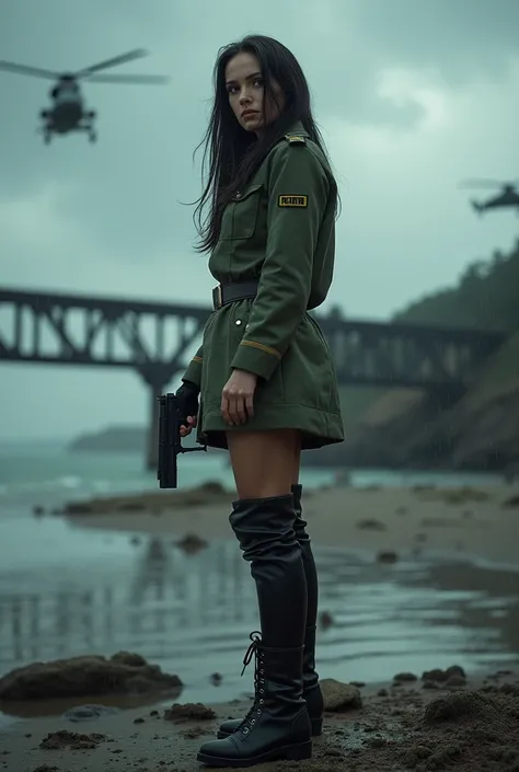 （Wide-angle lens）A 30-year-old woman with long black hair wearing military uniform.,Boots， trousers，high-heel boots，full-body shot，side，War Background，seaside，Iron bridge, Helicopters，Dark clouds sky，Science Fiction, dark的心情, full-body shot片，War atmosphere...