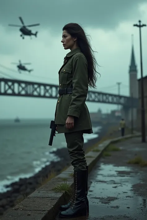 （Wide-angle lens）A 30-year-old woman with long black hair wearing military uniform.,Boots， trousers，high-heel boots，full-body shot，side，War Background，seaside，Iron bridge, Helicopters，Dark clouds sky，Science Fiction, dark的心情, full-body shot片，War atmosphere...